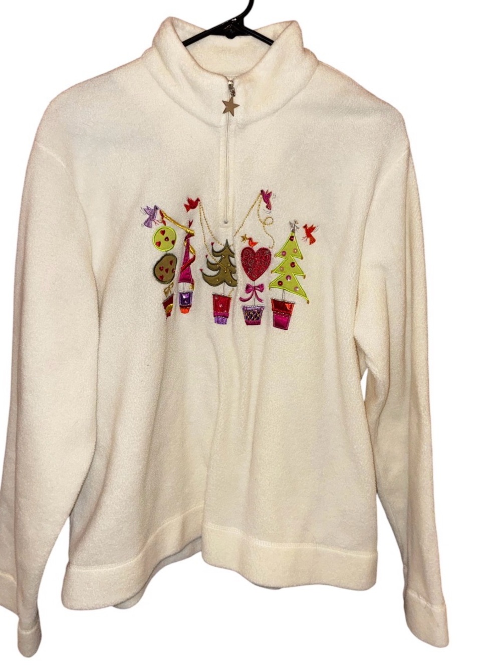 White Stag Cream Fleece Half-Zip Embroidered Holiday Top 16/18
